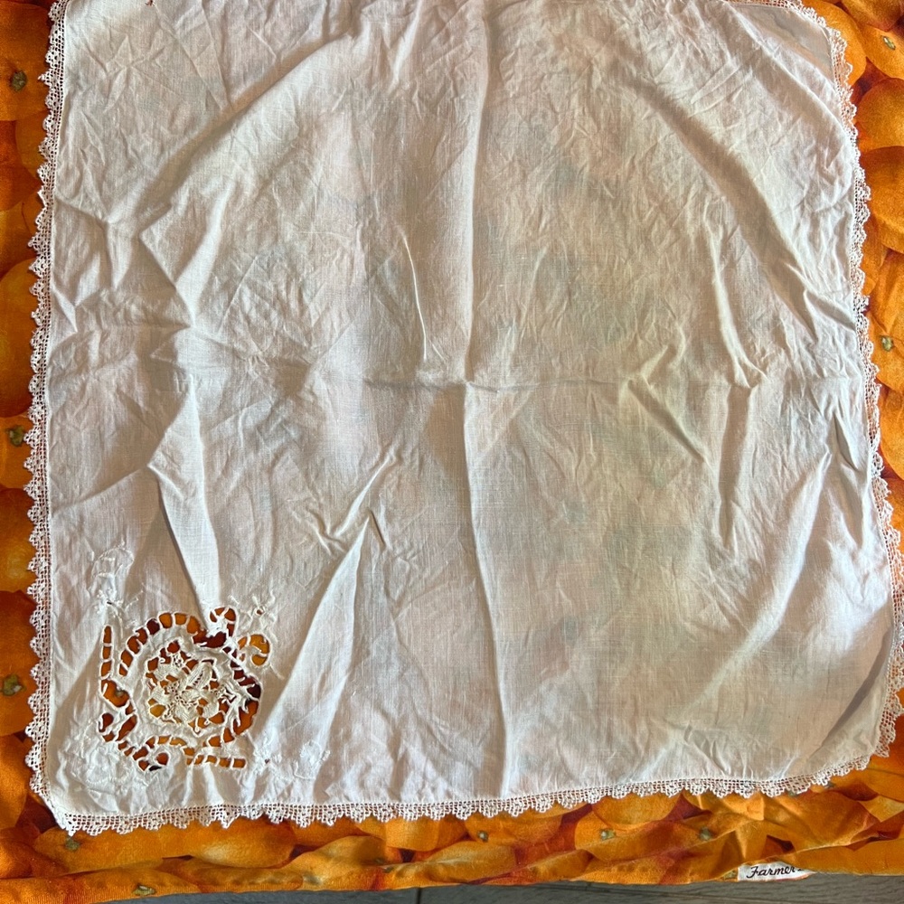 Unique Vintage White Lace Trim Hanky light stain